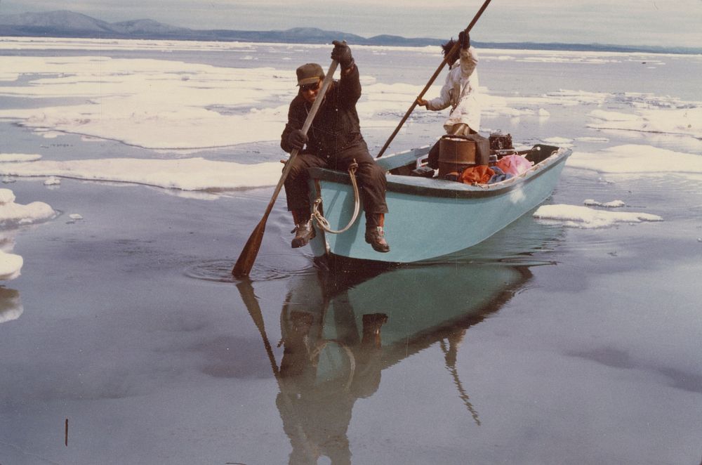 Eskimo seal hunters along ice floes of Kotzebue Sound. Original public domain image from Flickr