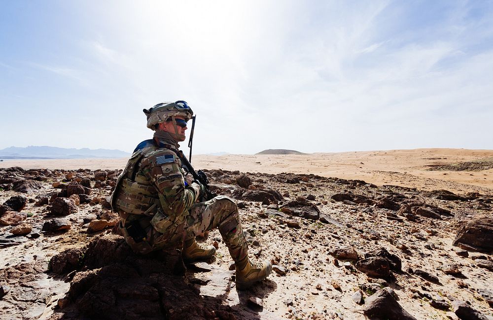 A U.S. soldier surveys a training ground near Kandahar, Afghanistan, March 14, 2017.