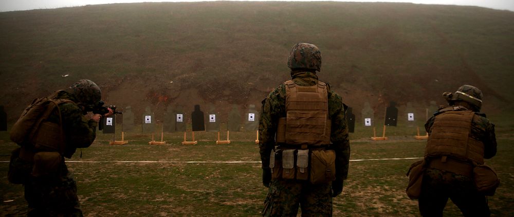 U.S. Marines with Black Sea Rotational Force 17.1 sight in down range during combat marksmanship training at Mihail…