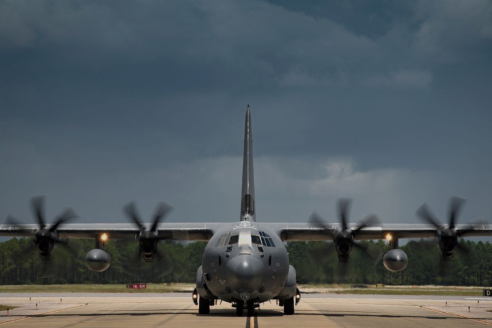 A U.S. Air Force HC-130J Combat King II assigned to the 71st Rescue Squadron taxis towards the parking ramp during Stealth…
