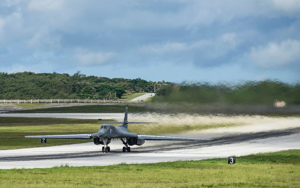 A U.S. Air Force B-1B Lancer assigned to the 37th Expeditionary Bomb Squadron, deployed from Ellsworth Air Force Base, South…