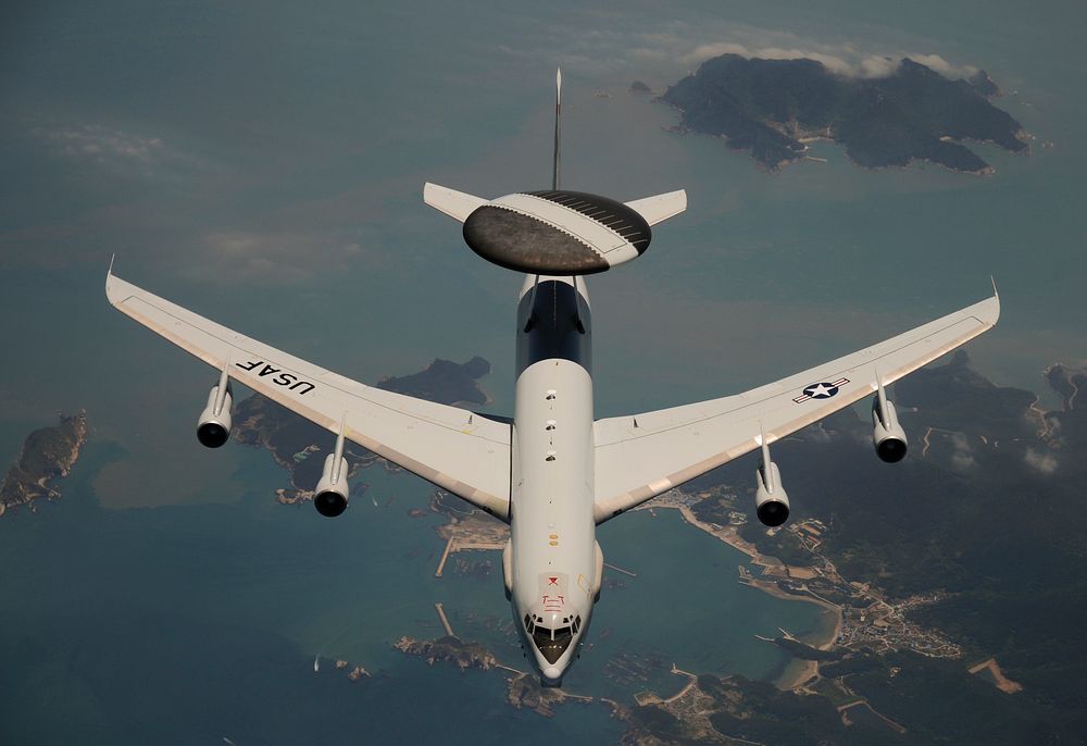 A U.S. Air Force E-3 Sentry aircraft conducts a flight off the coast of South Korea June 25, 2009, after receiving fuel from…