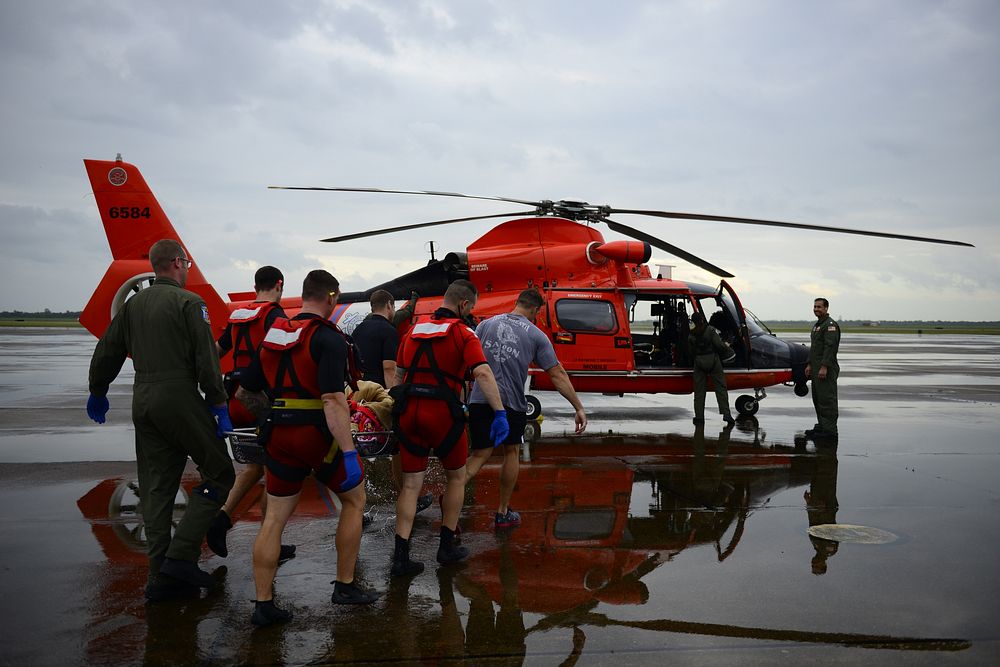 U.S. Coast Guardsmen respond to Hurricane Harvey search and rescue requests in Houston Aug. 27, 2017.