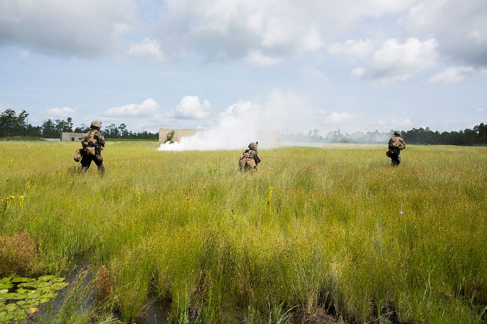 U.S. Marines with the 1st Battalion, 6th Marine Regiment, 2nd Marine Division, maneuver through the Company Battle Course…