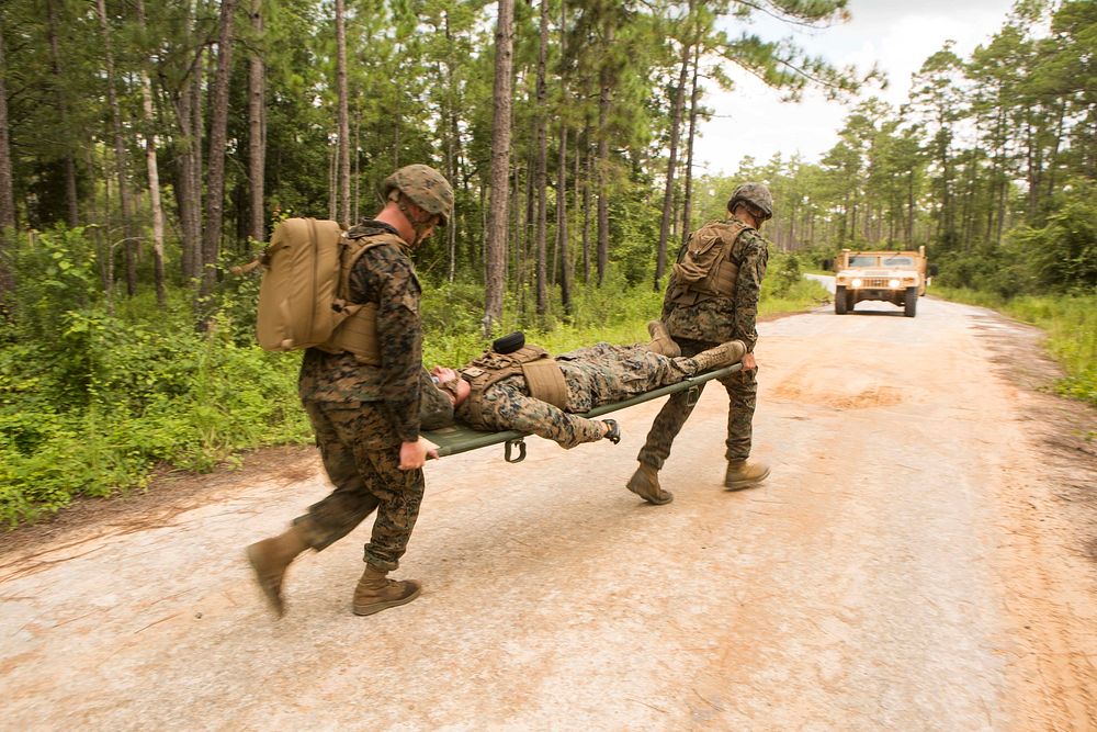 Marines carry a notional casualty during counter improvised explosive device training at Camp Blanding, Fla., Aug. 18, 2017.