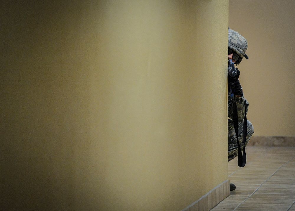 An Airman assigned to the 56th Security Forces Squadron guards an entryway during an active shooter exercise at Luke Air…