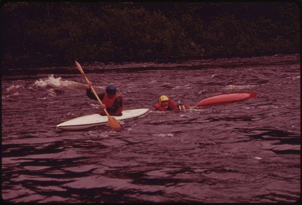 Kayaks on the Upper Reaches of the Androscoggin River, Just Below the Bridge at Errol 06/1973. Original public domain image…
