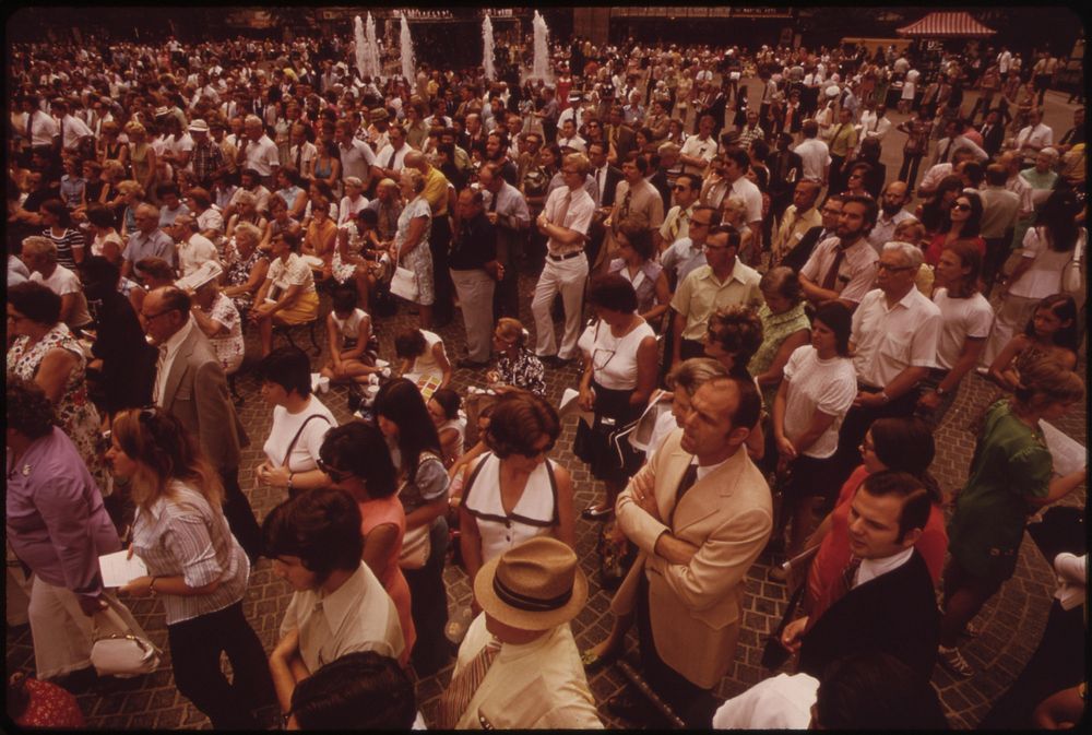 Fountain Square Audience Listens to Performance by Cincinnati Symphony Orchestra 08/1973. Photographer: Hubbard, Tom.…