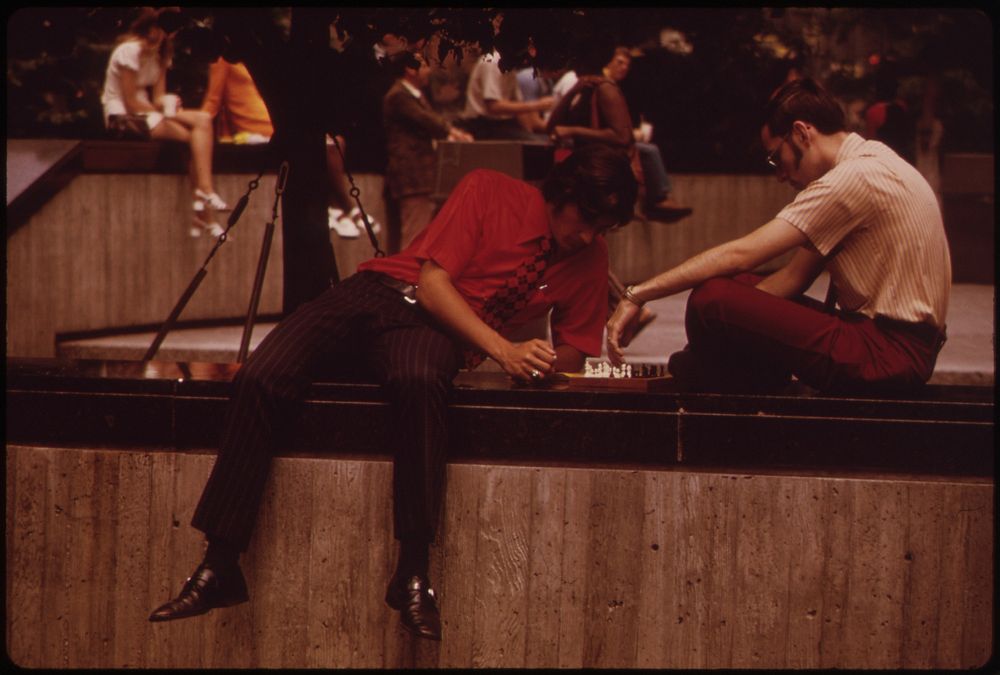 Game of Chess on "Sitting Wall" in Fountain Square 06/1973. Photographer: Hubbard, Tom. Original public domain image from…