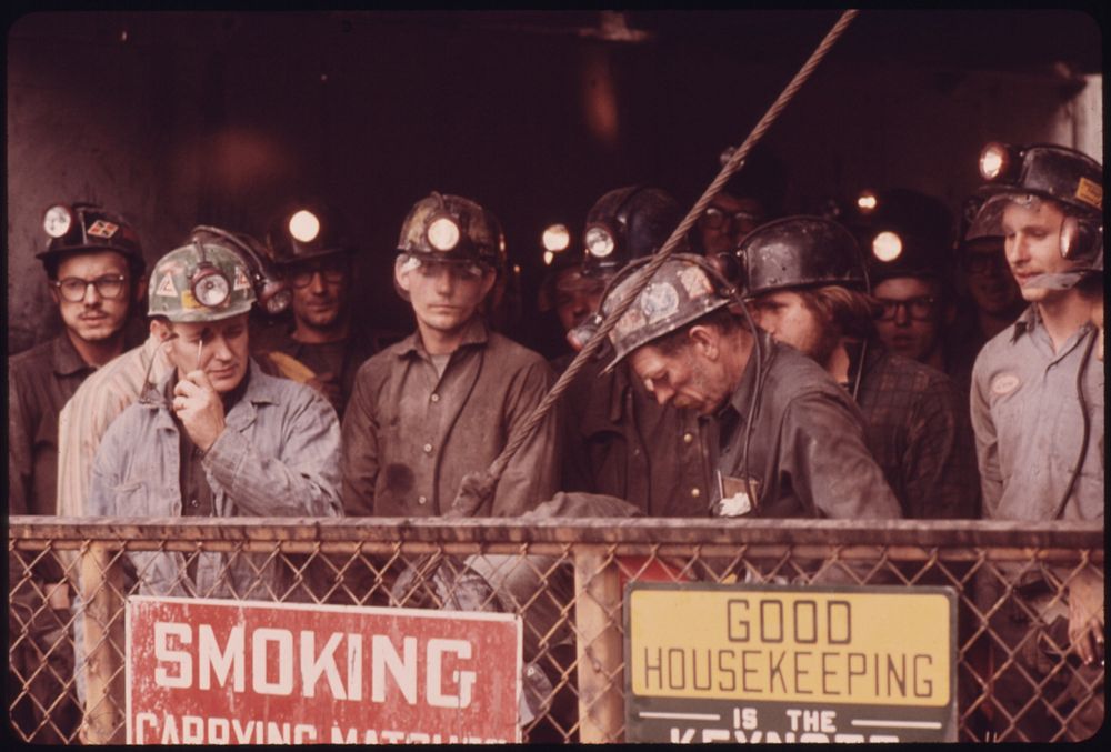 Shift of Miners in the Elevator Which Will Take Them Down to Work in the Virginia-Pocahontas Mine #4 near Richlands…