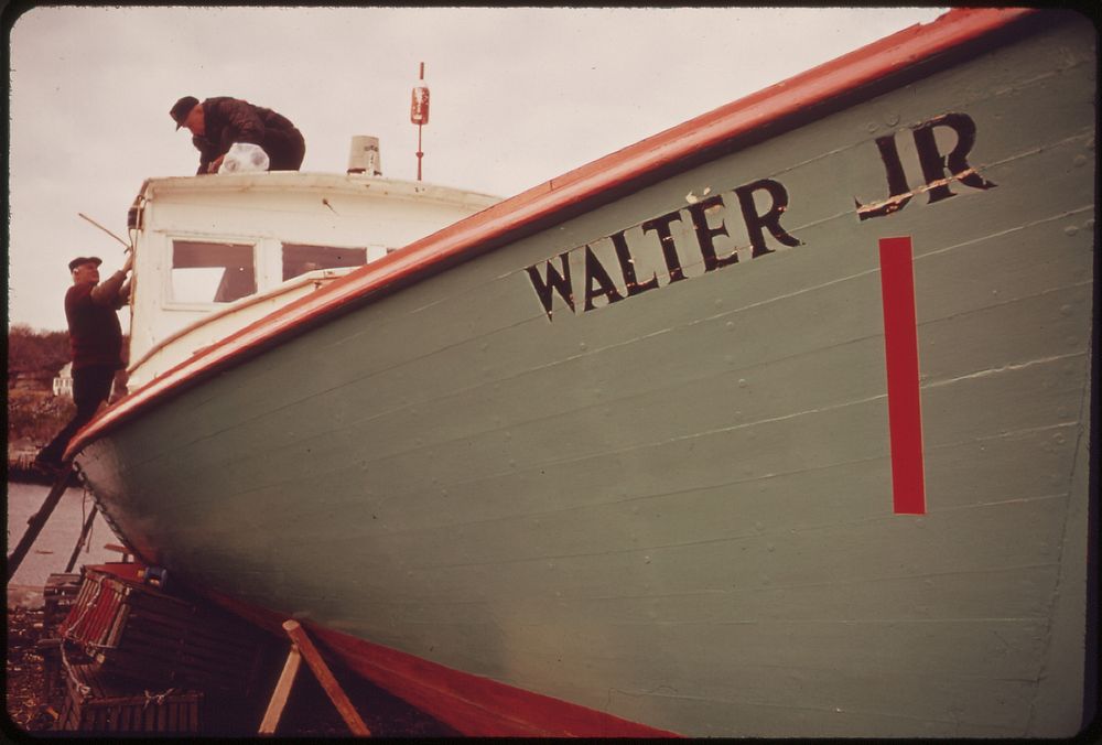 Rockport Fishermen Repair Their Lobster Boat 02/1973. Photographer: Parks, Deborah. Original public domain image from Flickr