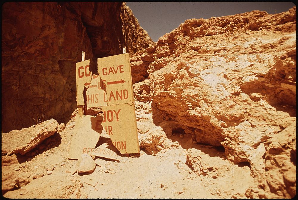 The Broken Sign Is an Example of Damage By Tourists in the Remote Havasupai Indian Country. Photographer: Eiler, Terry.…