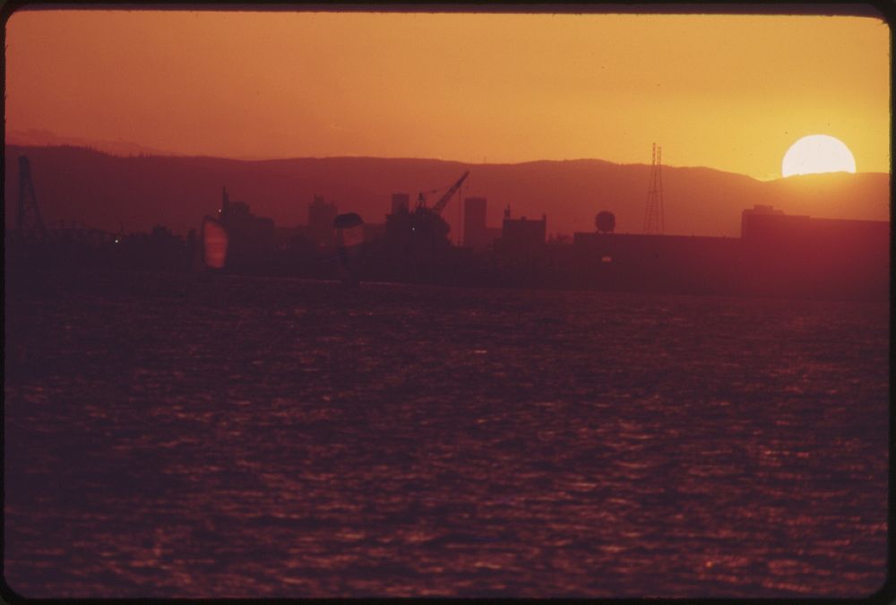 Sunset over the Harbor at Vancouver, Head of Deep-Water Navigation on the Columbia River 05/1973. Photographer: Falconer…