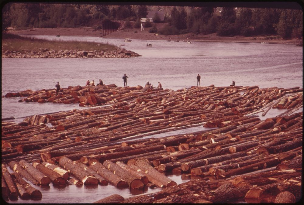 Fishermen on a Commercial Log Raft on the Willamette River 05/1973. Photographer: Falconer, David. Original public domain…