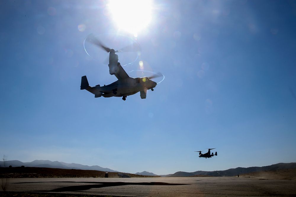 U.S. Marines with Marine Medium Tiltrotor Squadron 364 fly MV-22B Osprey tiltrotor aircraft during air-to-ground helicopter…