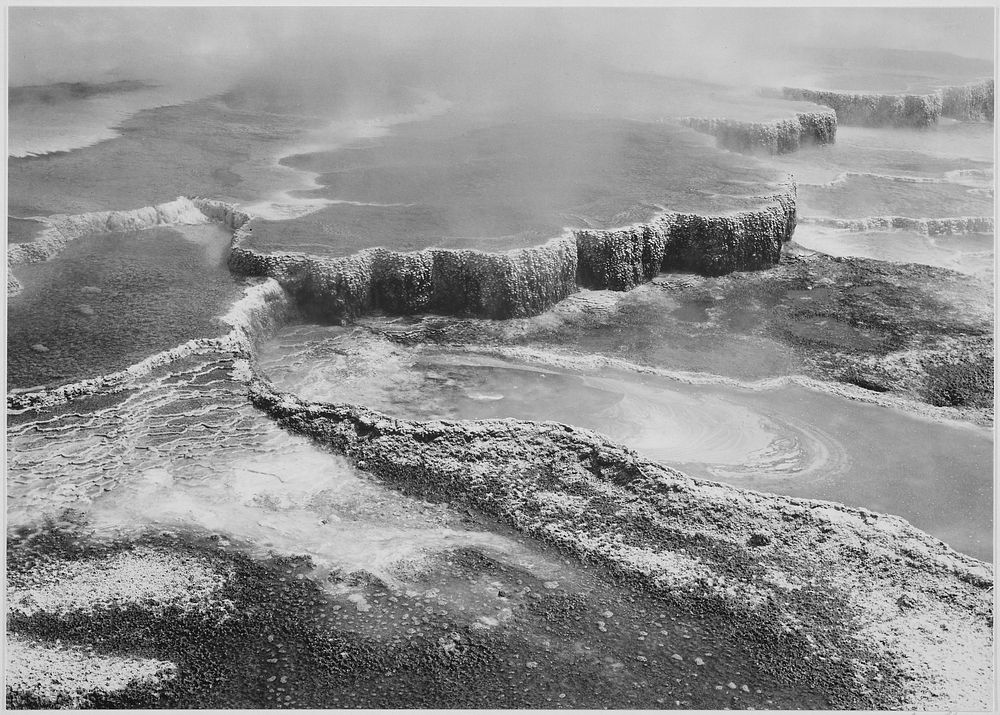 Aerial view of "Jupiter Terrace - Fountain Geyser Pool, Yellowstone National Park," Wyoming. Photographer: Adams, Ansel…