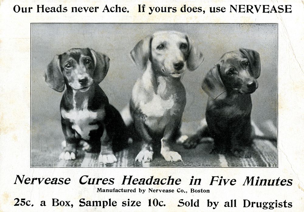 Our heads never ache: if yours does, use Nervease. Advertisement for Nervease, a headache medicine. Card features a black…