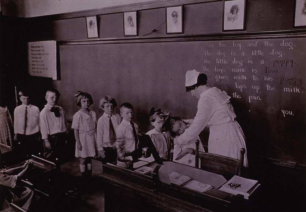 Children - care and hygiene: Nurse examining school children in New York. Original public domain image from Flickr