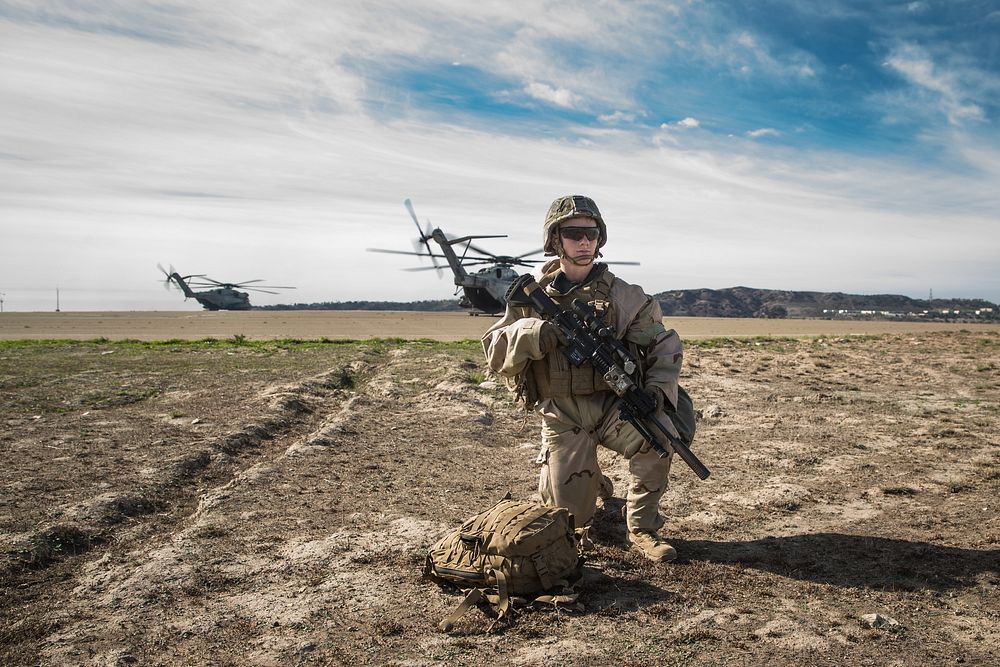 A U.S. Marine with the 1st Battalion, 5th Marine Regiment participates in a training flight in preparation for Steel Knight…