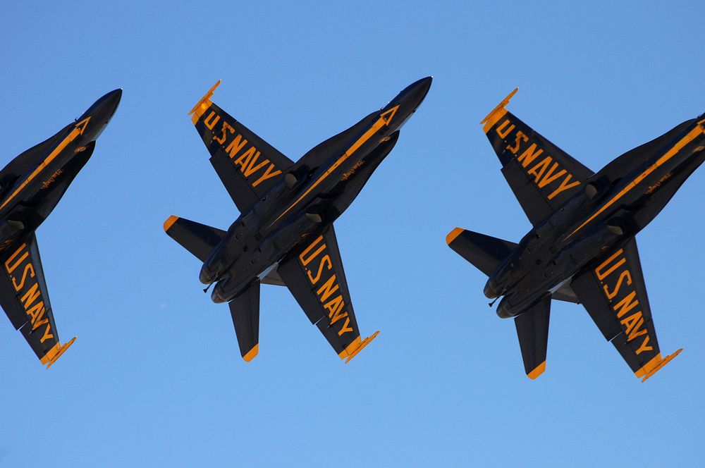 The U.S. Navy flight demonstration team, the Blue Angels, fly in a delta formation over Naval Air Facility El Centro…