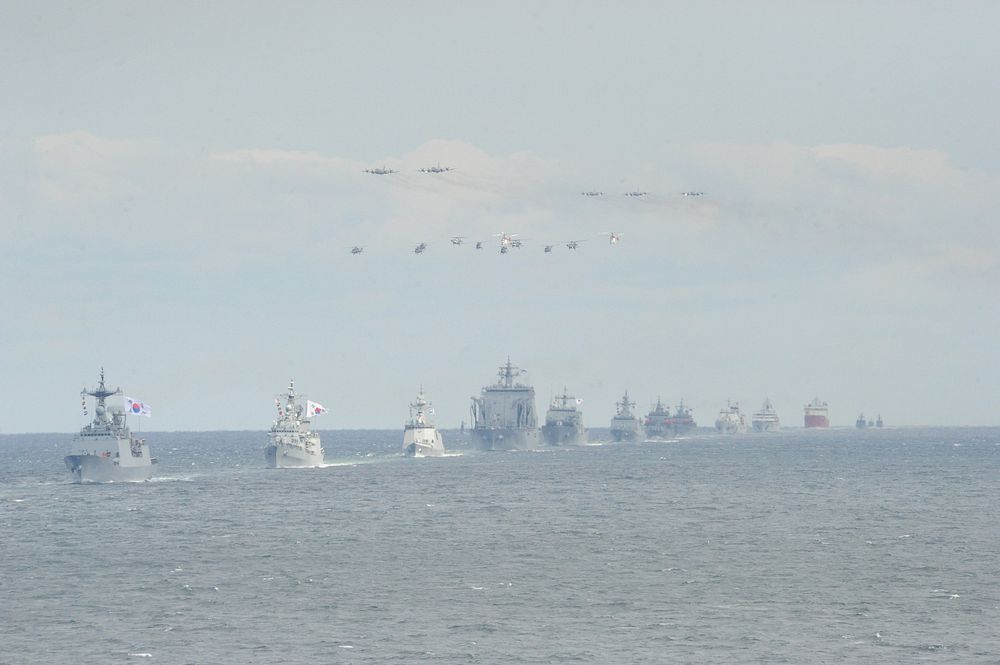 Republic of Korea naval ships approach during the pass in review of the International Fleet Review (IFR) at Jeju Island…