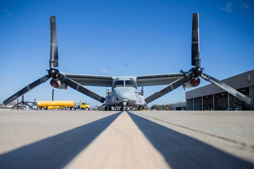 A U.S. Marine Corps MV-22 Osprey is parked at Marine Corps Air Station (MCAS) Camp Pendleton, California, Jan. 10, 2019.