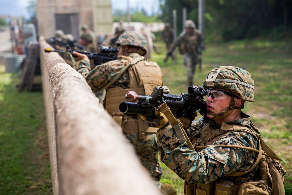 U.S. Marines with Golf Company, 2nd Battalion, 3rd Marine Regiment, simulate an assault on enemy contact during exercise…