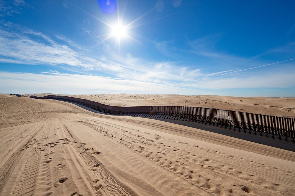 Border wall in the Imperial Sand Dunes, 20 miles west of Yuma, AZ