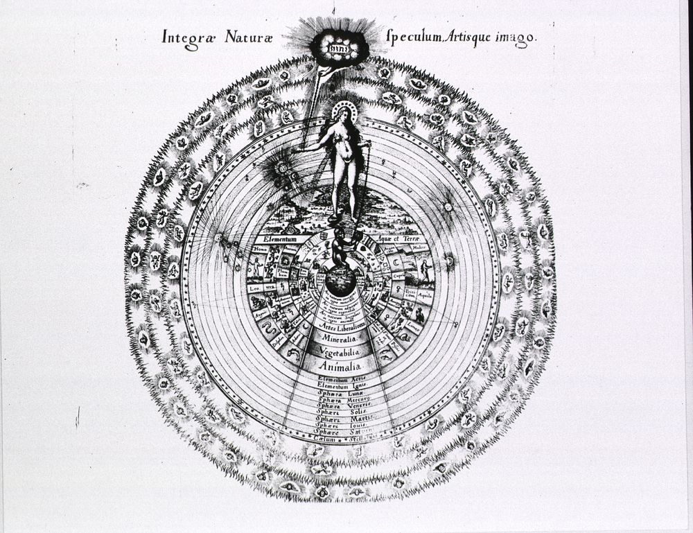 Integrae Naturae Speculum, Artisque imago. The macrocosm showing the human body as the world soul; a nude female figure is…