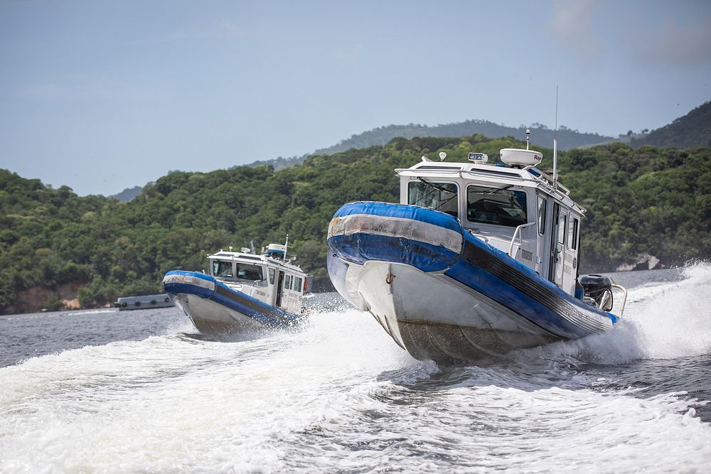 Two Trinidad and Tobago Customs and Excise SAFE boats practice vessel pursuit tactics during scenario-based training…