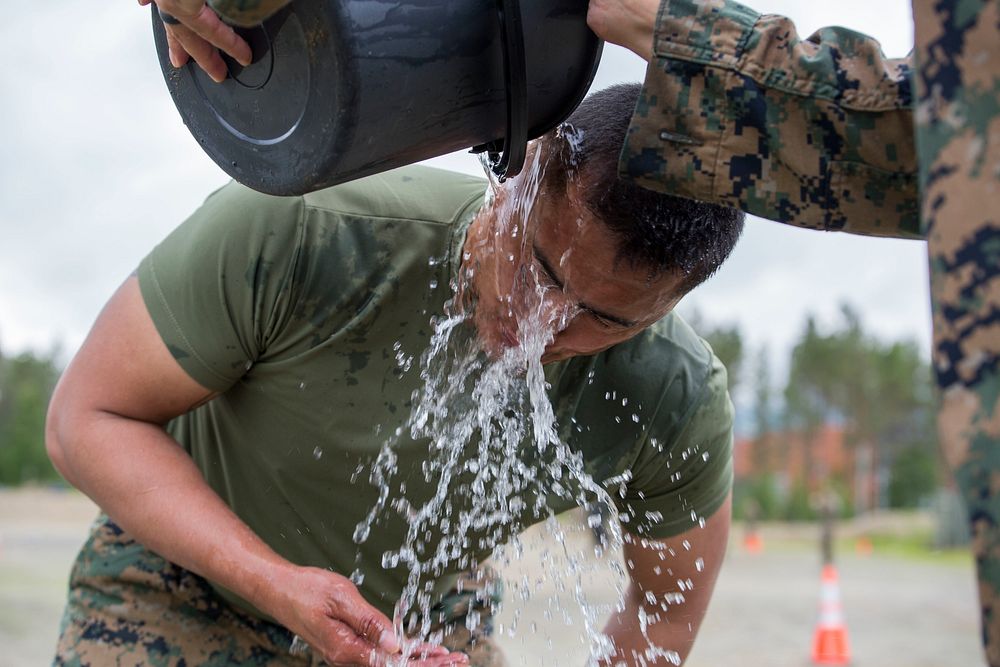U.S. Marines with Marine Rotational Force-Europe 19.2, Marine Forces Europe and Africa, are sprayed with Oleoresin Capsicum…