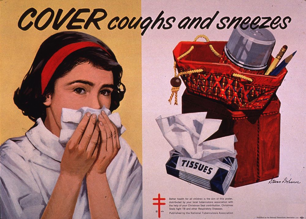 Cover coughs and sneezes. Multicolor poster with black lettering. Title at top of poster. Visual images are illustrations of…