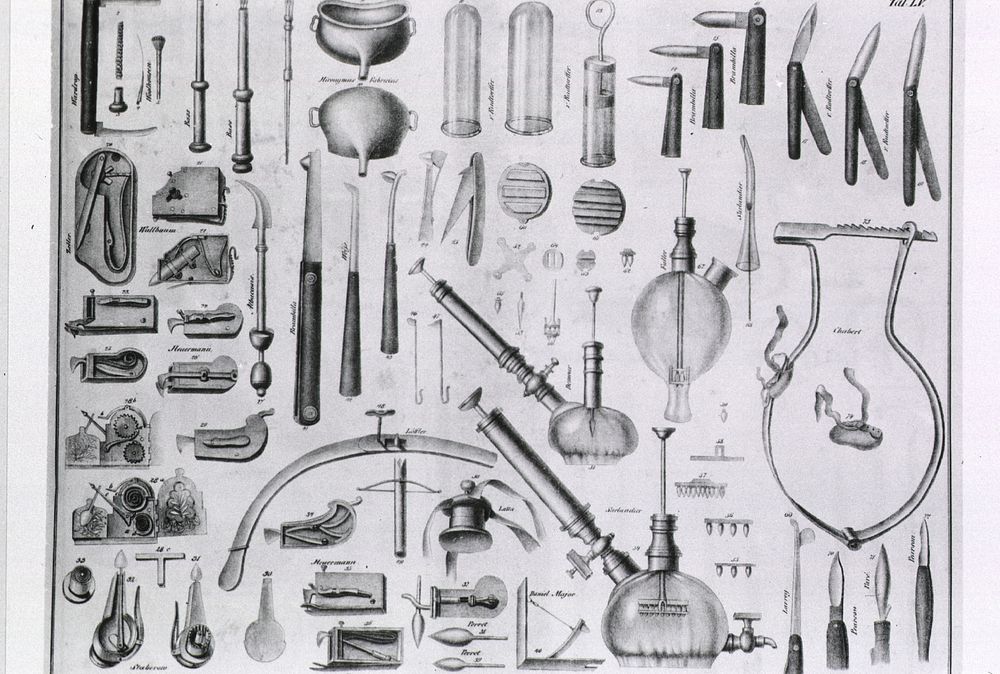 Various types of bloodletting instruments. Scarificators, lancets, cupping bells, and other instruments are arranged by…