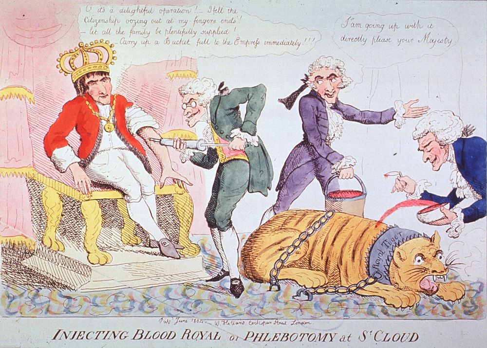 Injecting Blood Royal or Phlebotomy at St Cloud. Caricature: Napoleon is sitting on the throne receiving an injection of…