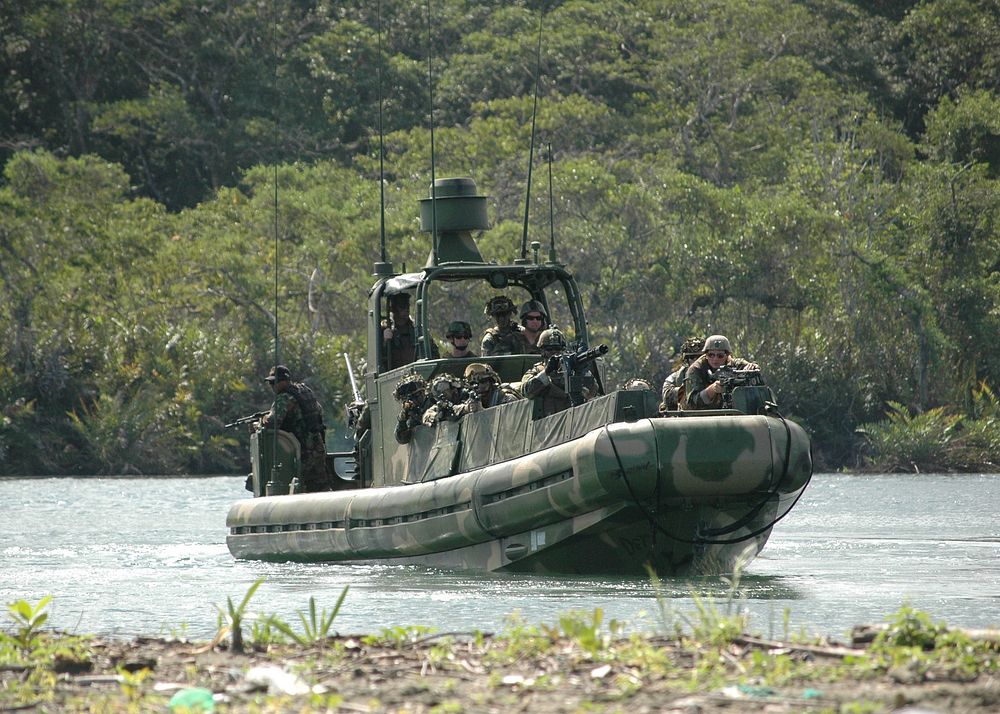 U.S. Sailors from Riverine Squadron 3, U.S. Marines with 2nd Fleet Anti-terrorism Security Team Company and Panamanian…