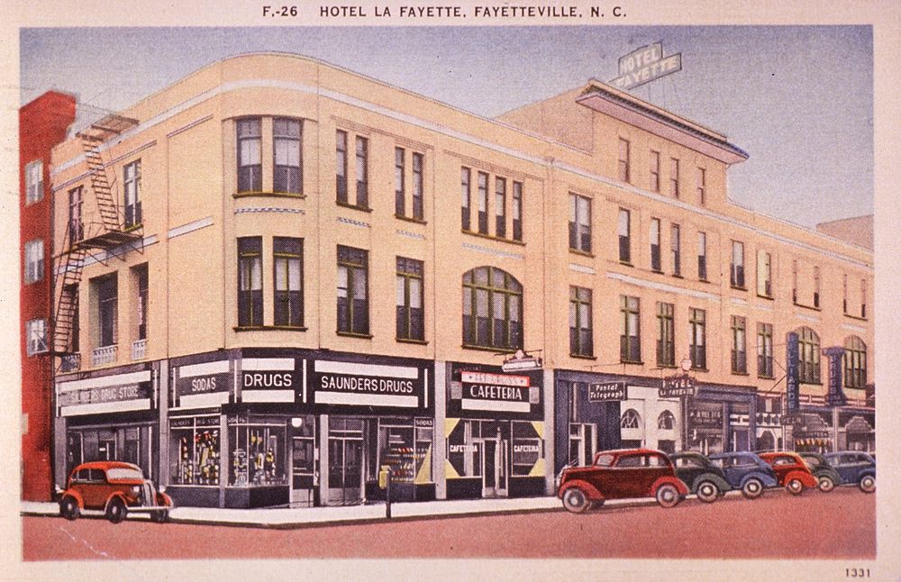 Exterior view- Hotel La Fayette and Saunders Drugs. Original public domain image from Flickr