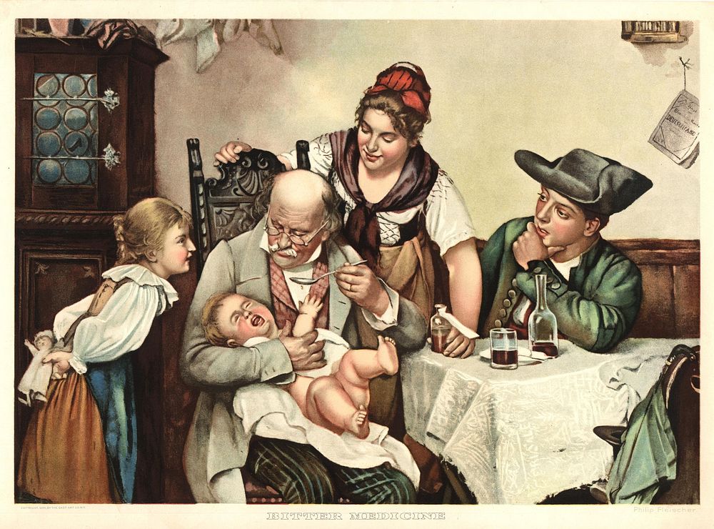 Bitter medicine. A crying baby sits on the lap of an elderly man. The man holds a spoon in his left hand. Vials of medicine…