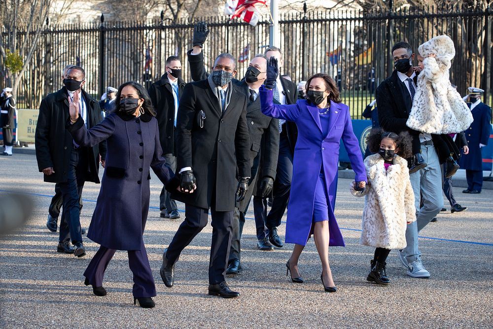 Vice President Kamala Harris and her family walk to the White House on Pennsylvania Avenue on January 20, 2021.