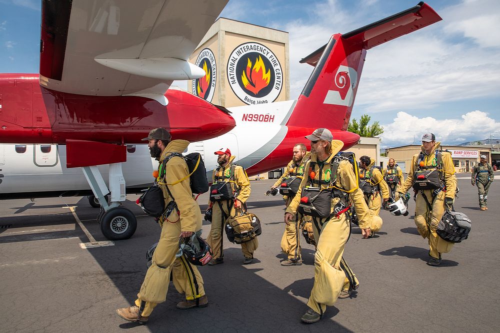Bureau of Land Mangement smokejumpers prepare for a training jump in Boise, Idaho.