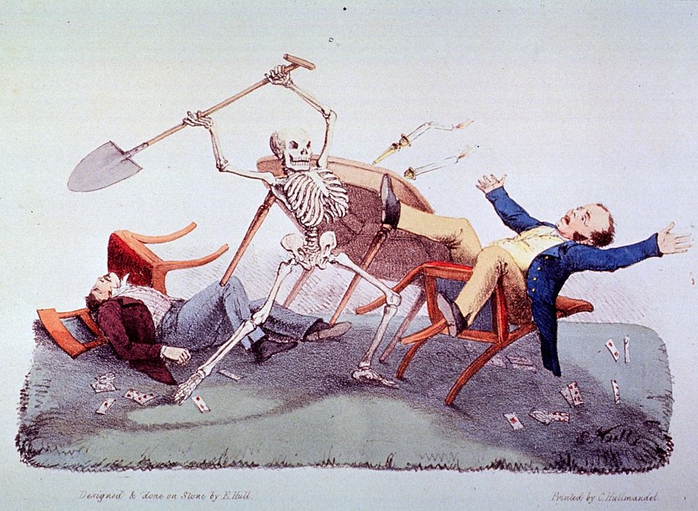 Death saw two players playing at cards. Death upsets the table and strikes at the gamblers with a spade. Original public…