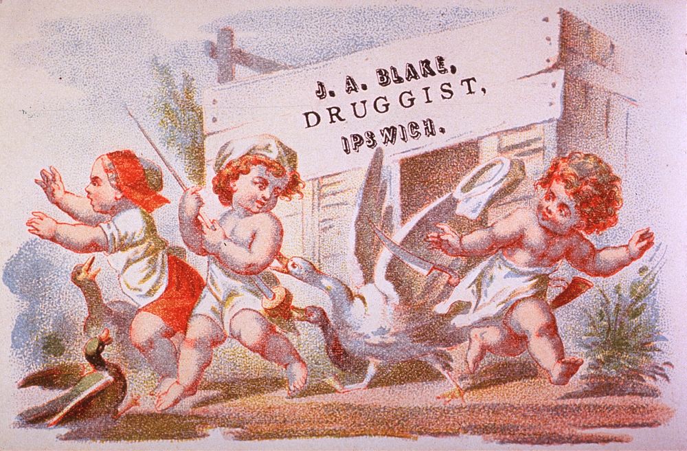 J.A. Blake, druggist, Ipswich. Advertisement for J.A. Blake, druggist, of Ipswich, Massachusetts. Card features ducks and…