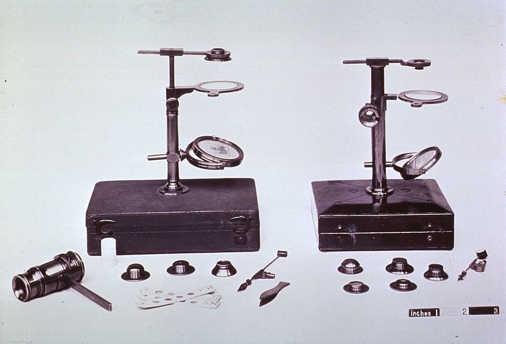Microscopy: General view- Early Microscope and various attachments. Original public domain image from Flickr