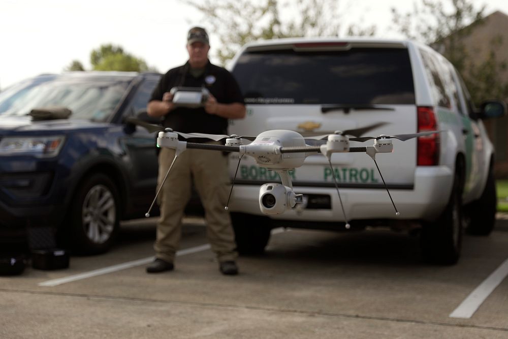 A U.S. Border Patrol agent from the Lake Charles Border Patrol Station tests a drone in the parking lot of the Border…