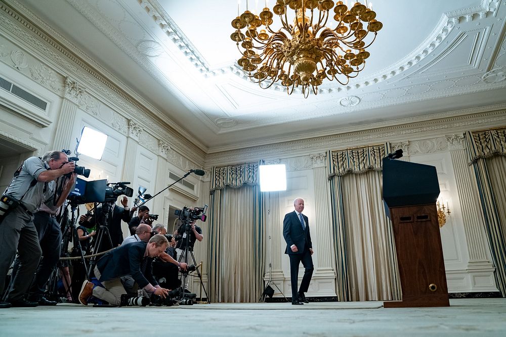 President Joe Biden delivers remarks on the economy, Monday, July 19, 2021 in the State Dining Room of the White House.…