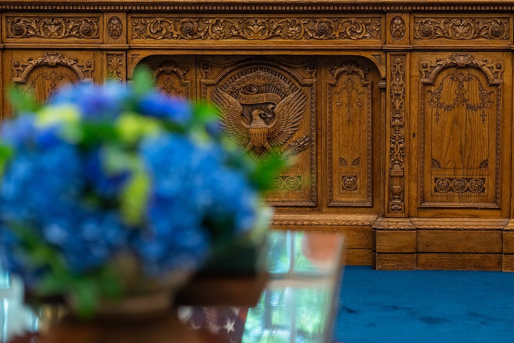 Details of the Resolute Desk are seen Friday, July 16, 2021, in the Oval Office of the White House.