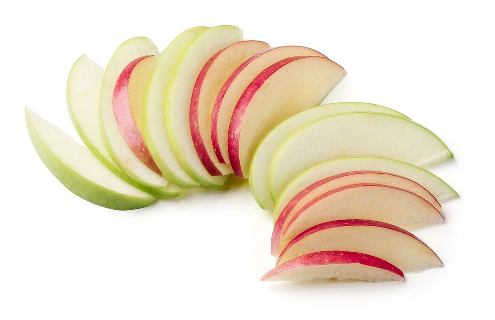 Alternating green and red apple slices on white background.