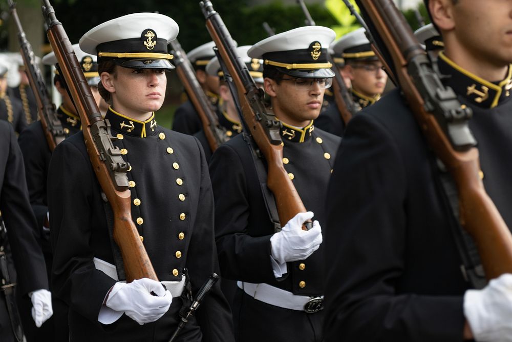 Midshipmen from the U.S. Naval Academy take part in the second formal parade of the season. (U.S. Navy photo by Mass…