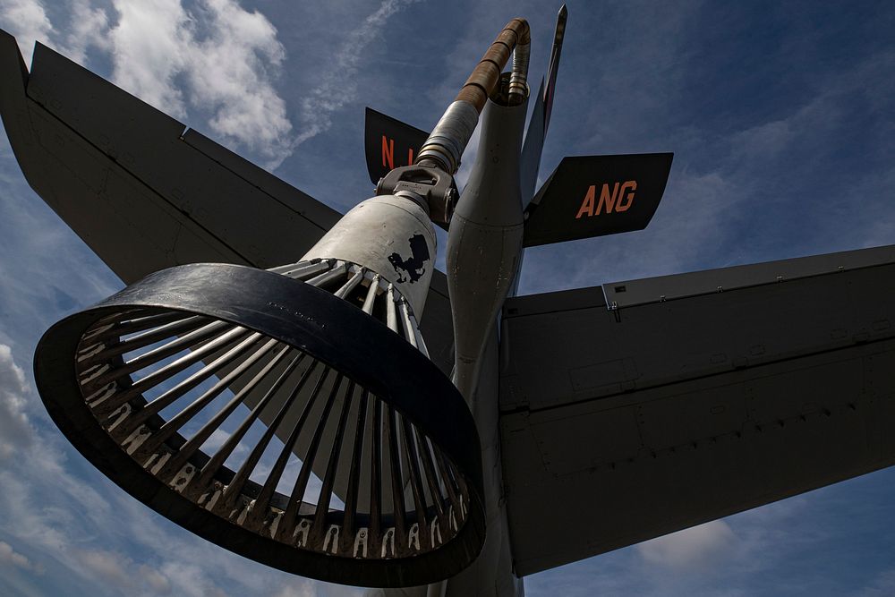 A probe-and-drogue mid-air refueling basket hangs from a U.S. Air National Guard KC-135R Stratotanker with New Jersey’s…