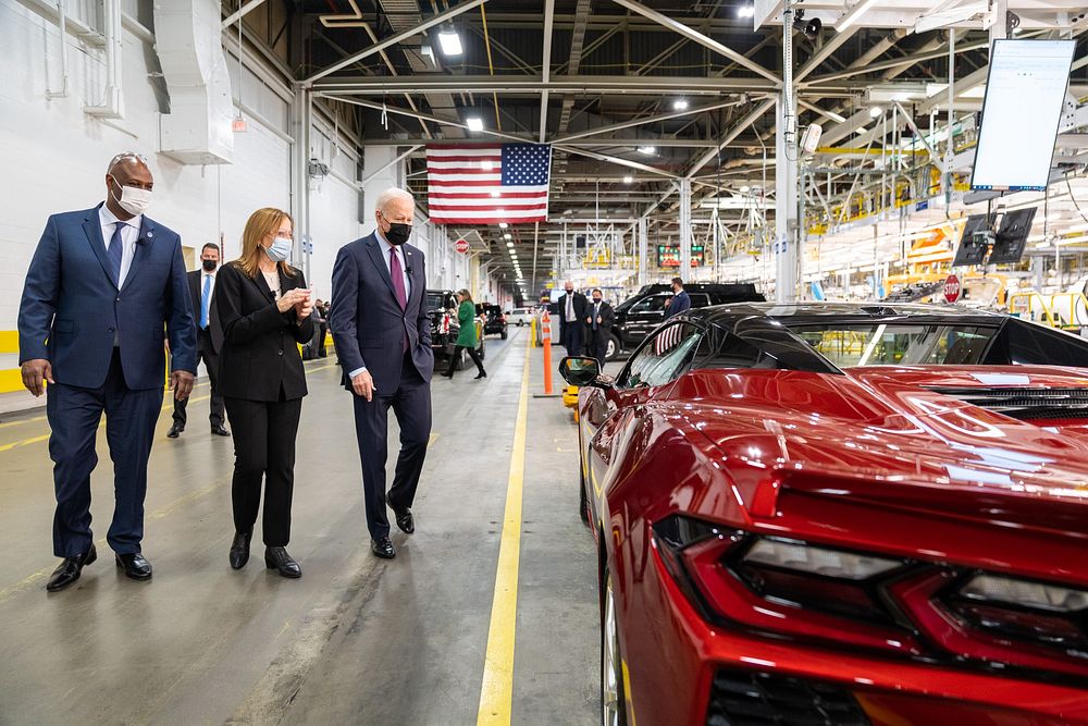 President Joe Biden looks at a 2022 Corvette at the General Motors’ Factory ZERO Facility in Detroit with UAW President Ray…
