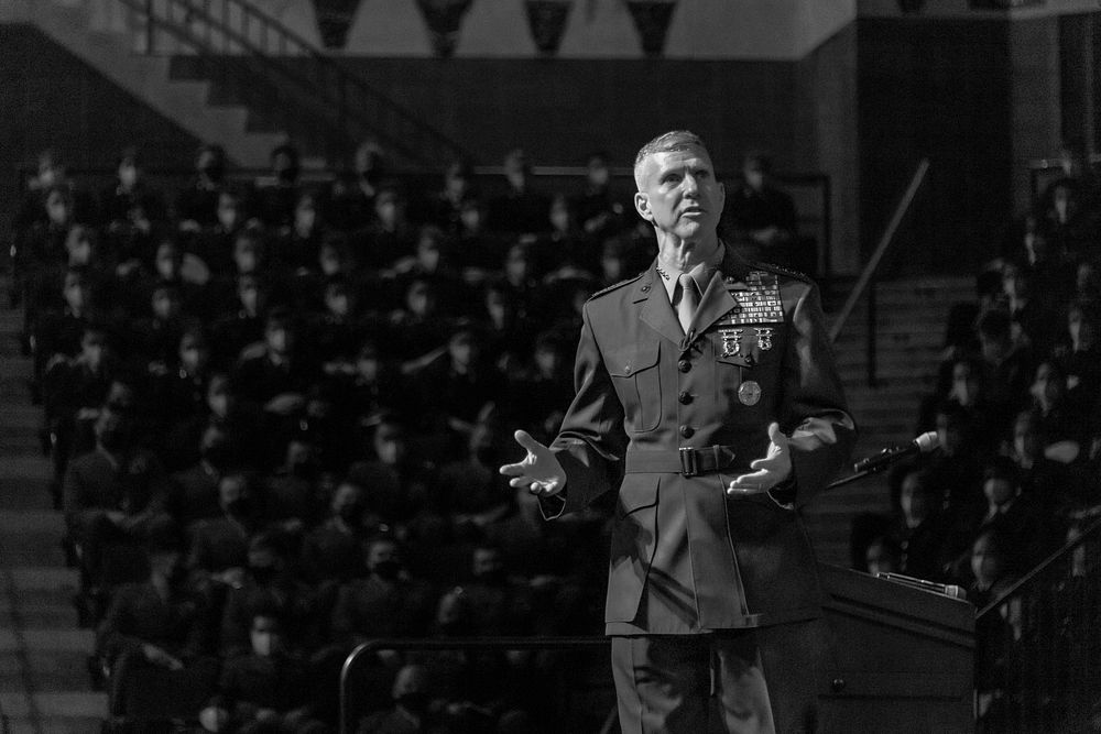 ANNAPOLIS, Md. (Jan. 24, 2022) Assistant Commandant of the Marine Corps Gen. Eric M. Smith addresses the Brigade of…
